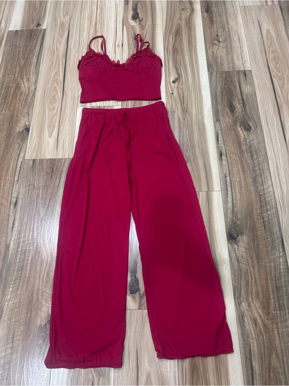 SHEIN Crimson Lace-Trim Cami & Wide-Leg Pajama Set
